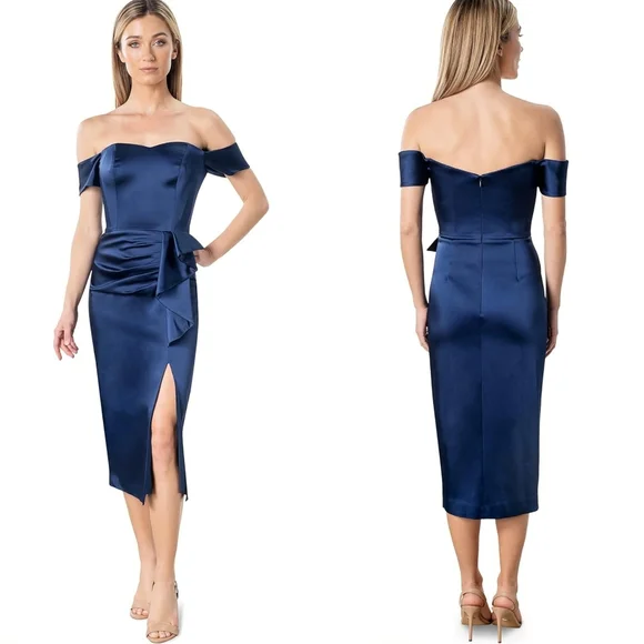 Dress The Population Navy Satin Alani Sheath Dress - Picture 1 of 10